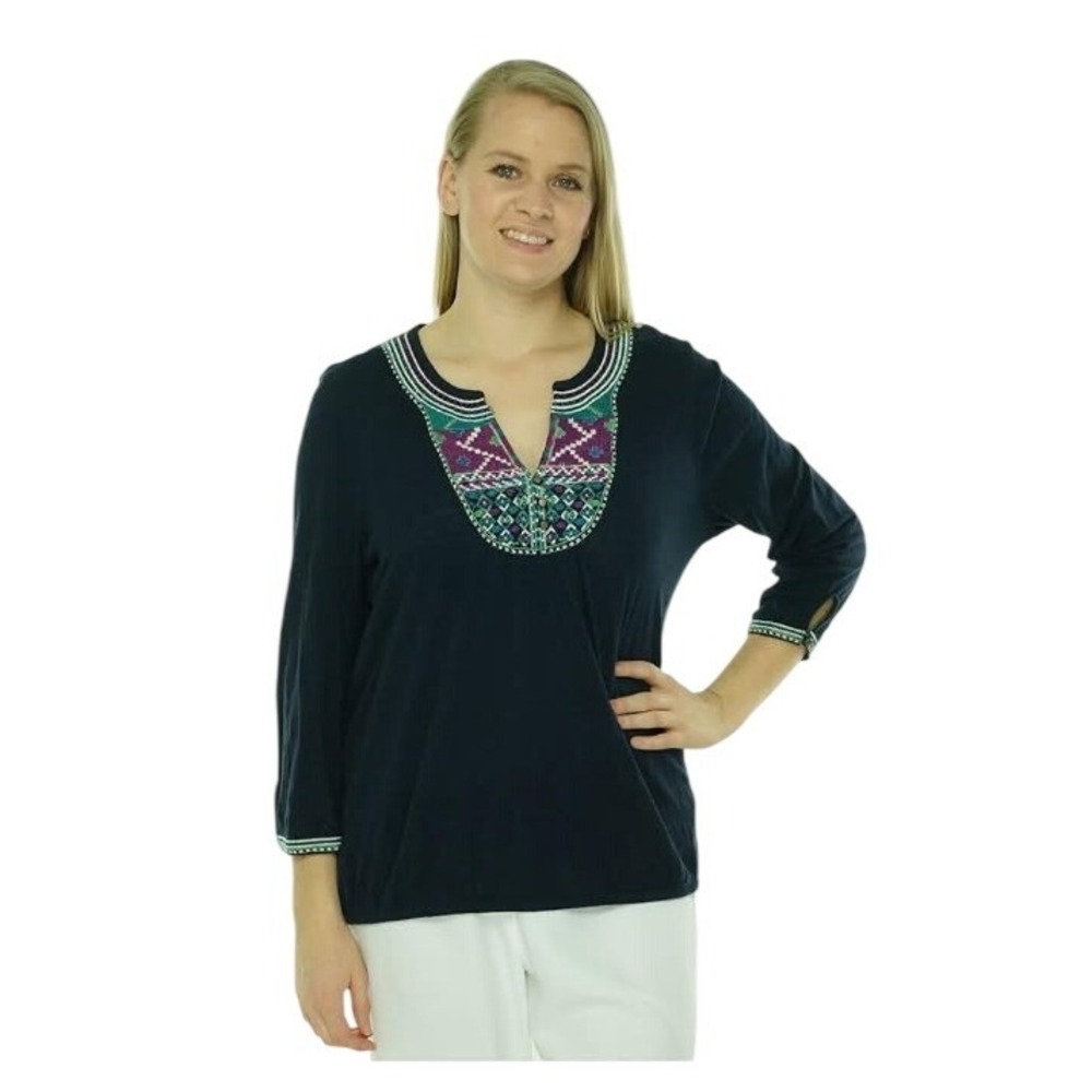 Lucky Brand Navy Bradbury Embroidered Boho Knit Top Large 3/4 Sleeve Elastic Hem